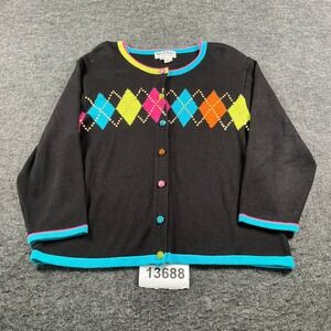 Vintage Jack B Quick Cardigan Women XL Black Excellent Neon Argyle Rhinestone